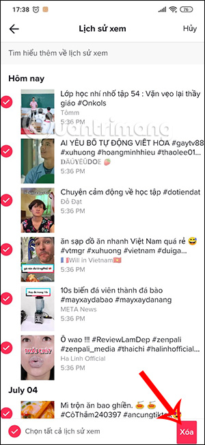Chọn xóa toàn bộ video TikTok