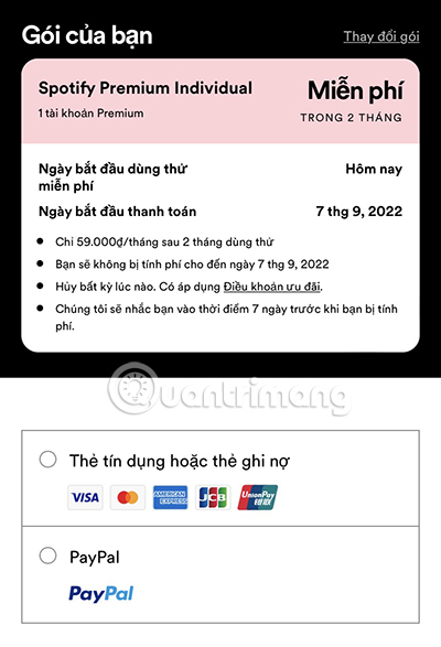 Nhập thông tin thanh toán của bạn để hoàn tất quá trình đăng ký.