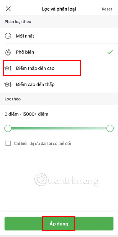 Chọn Phân loại theo: Điểm thấp đến cao và Áp dụng.