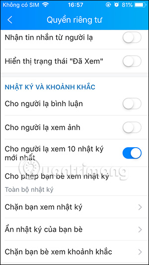 Bật giới hạn người lạ xem nhật ký Zalo