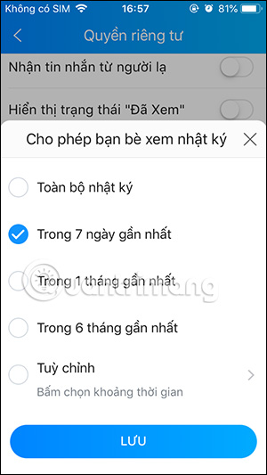 Chọn thời gian bạn bè xem Nhật ký 