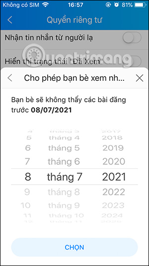 Chọn thời gian xem nhât ký Zalo