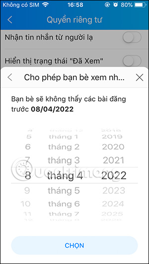 Khoảng thời gian xem nhật ký Zalo