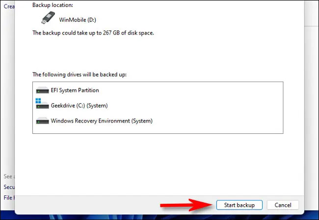 Nhấp vào “Start Backup”