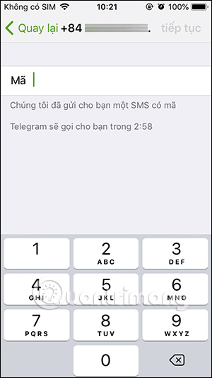 Nhập mã xác minh cho số điện thoại Telegram mới