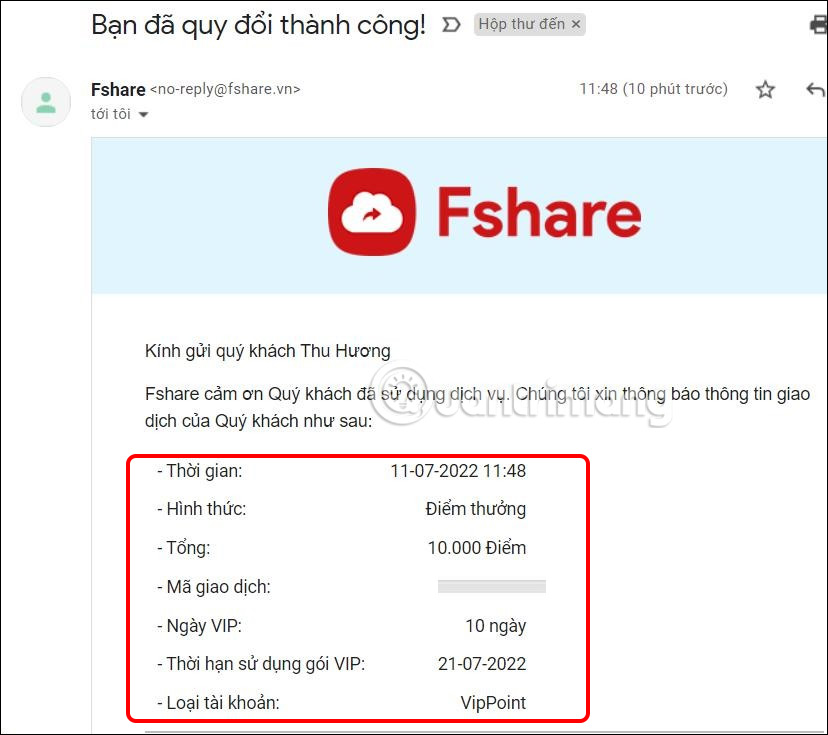 Email đổi điểm thưởng Fshare