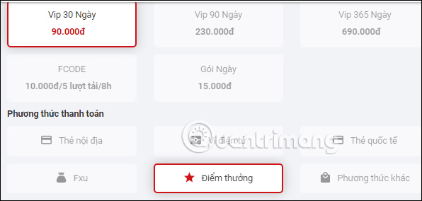 Chọn điểm thưởng mua gói VIP Fshare