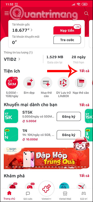 Tiện ích trên My Viettel