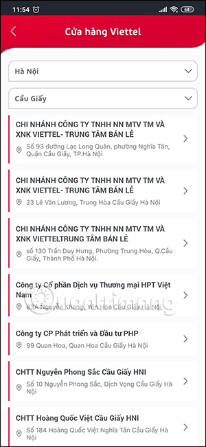 Chọn cửa hàng trong danh sách