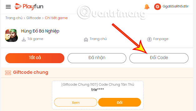 Chọn mục Đổi Code