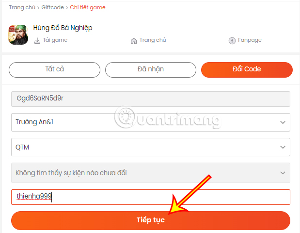 Tiến hành nhập code rồi nhấn Tiếp tục.