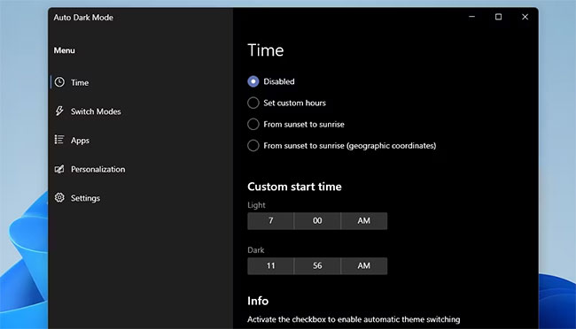Tab Time trong Auto Dark Mode