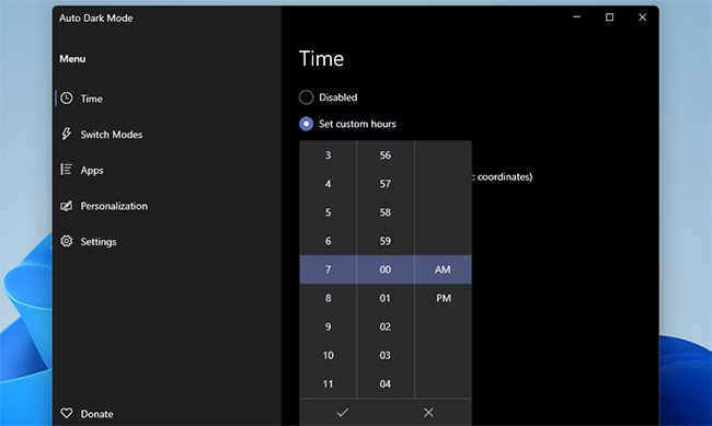 Bộ chọn thời gian trong Auto Dark Mode