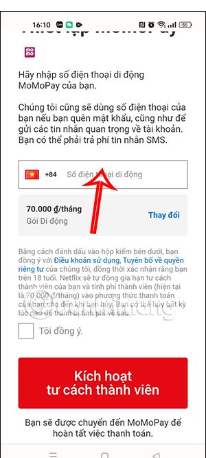 Điền số điện thoại ví MoMo