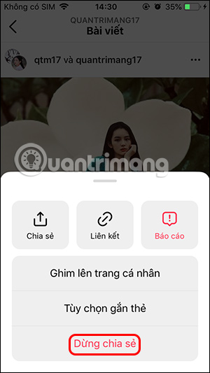 Dừng bài chia sẻ Instagram