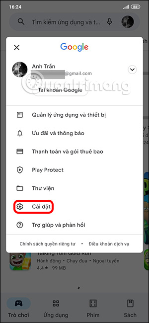 Cài đặt tài khoản Google Play