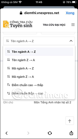Chọn thứ tự sắp xếp