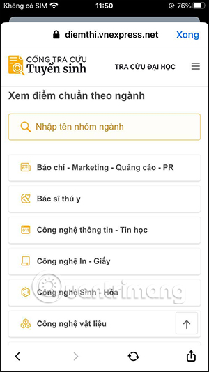 Tìm điểm chuẩn theo ngành