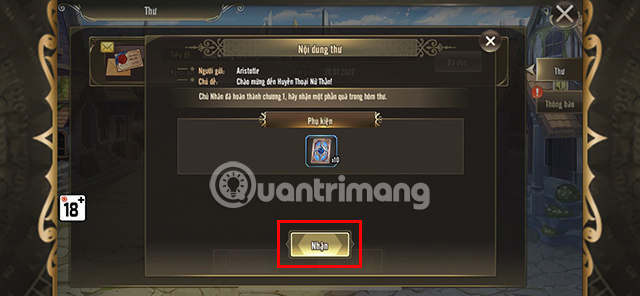 Nhấn Nhận để thu thập vật phẩm về túi của mình.