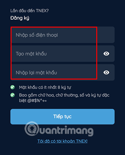 Điền thông tin của bạn rồi nhấn Tiếp tục
