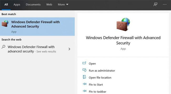 Nhập “Windows Defender Firewall with advanced security”