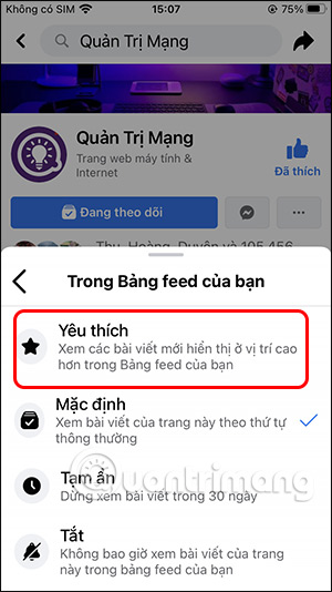 Chọn chế độ Yêu thích Fanpage Facebook