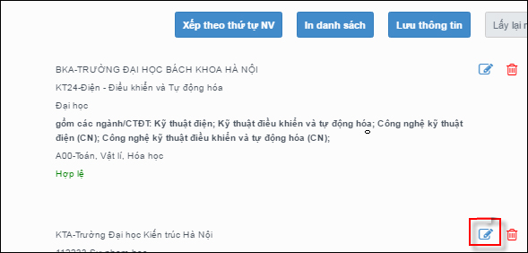 Sửa nguyện vọng đại học