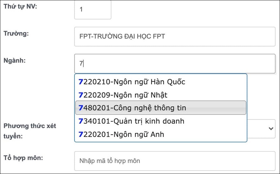 Điền mã ngành nguyện vọng đại học