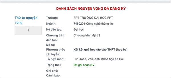 Đơn xét tuyển nguyện vọng