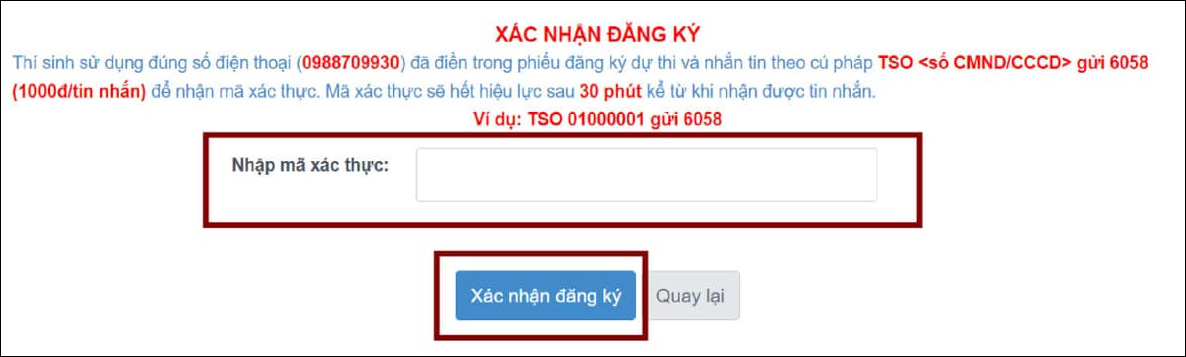 Điền mã xác nhận OTP