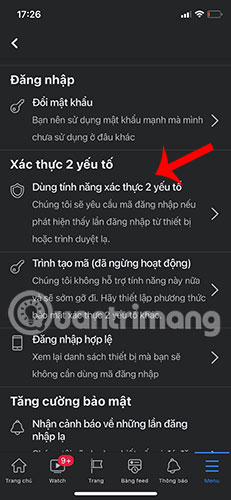 Tùy chọn "Dùng tính năng xác thực 2 yếu tố" được highlight