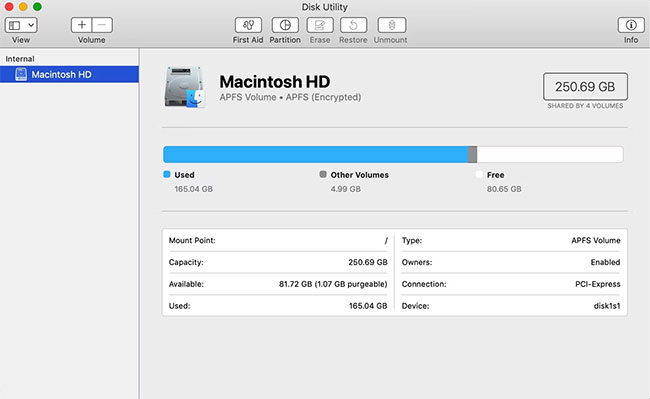 Ứng dụng Disk Utility trên Macbook.