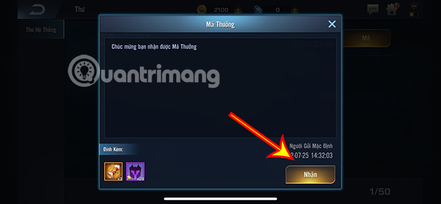 Nhấn Nhận để hoàn tất quá trình thu thập quà từ code game.