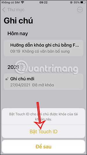 Xác nhận dùng Touch ID cho ghi chú iPhone
