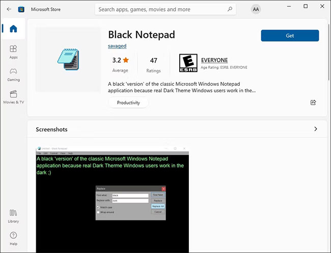 Black Notepad trong Microsoft Store