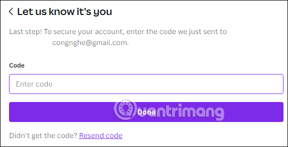 Nhập mã xác minh email đăng ký Canva Pro