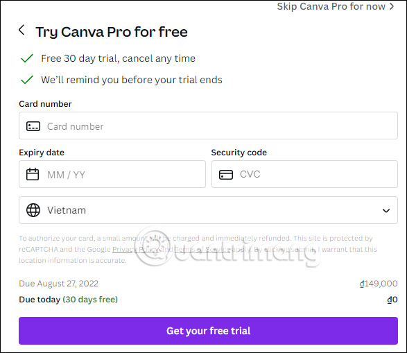 Thông tin thẻ thanh toán Canva Pro