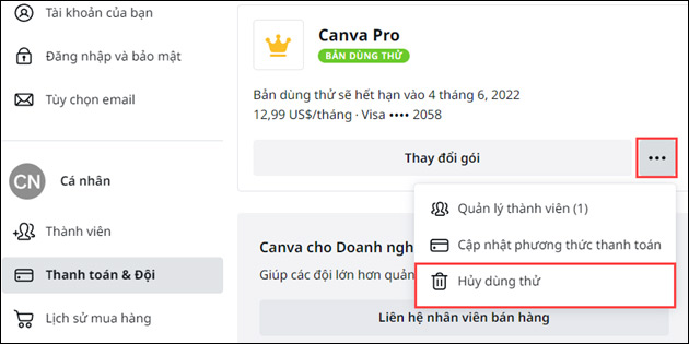 Hủy tài khoản Canva Pro