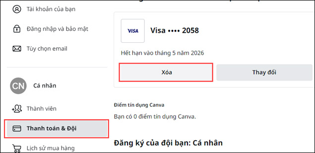 Xóa tài khoản thẻ visa