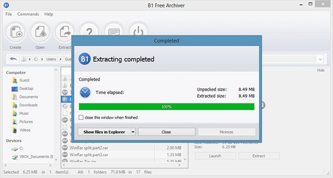 Giải nén file trong B1 Free Archiver