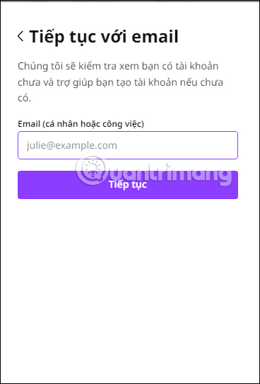 Nhập email đăng ký tài khoản Canva