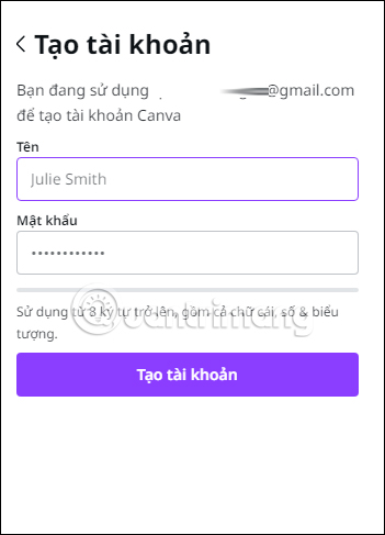 Điền thông tin tài khoản Canva