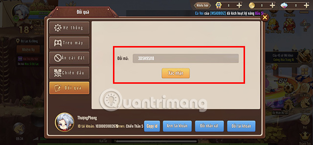 Điền code vào ô rồi nhấn Xác nhận.