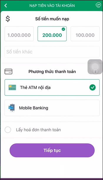 Giao diện nạp tiền trên ứng dụng VETC