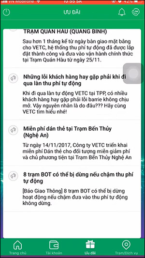 Thông tin ưu đãi trên ứng dụng VETC