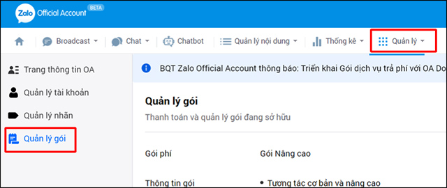 Quản lý gói dịch vụ Zalo OA