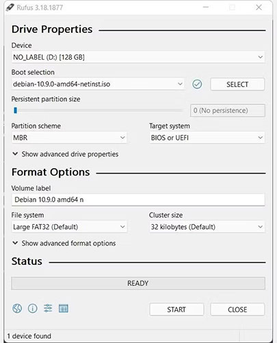 Rufus khởi động Debian ISO