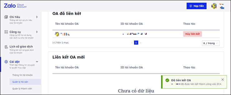 Thông báo đã liên kết Zalo OA với Zalo Cloud Account