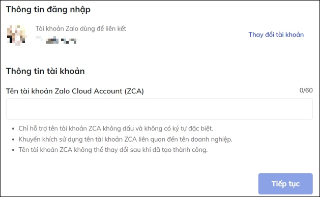 Điền tên tài khoản Zalo Cloud Account