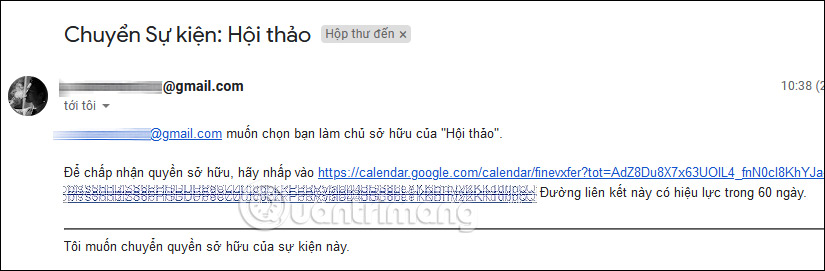 Link mời chủ sỡ hữu sự kiện Google Calendar